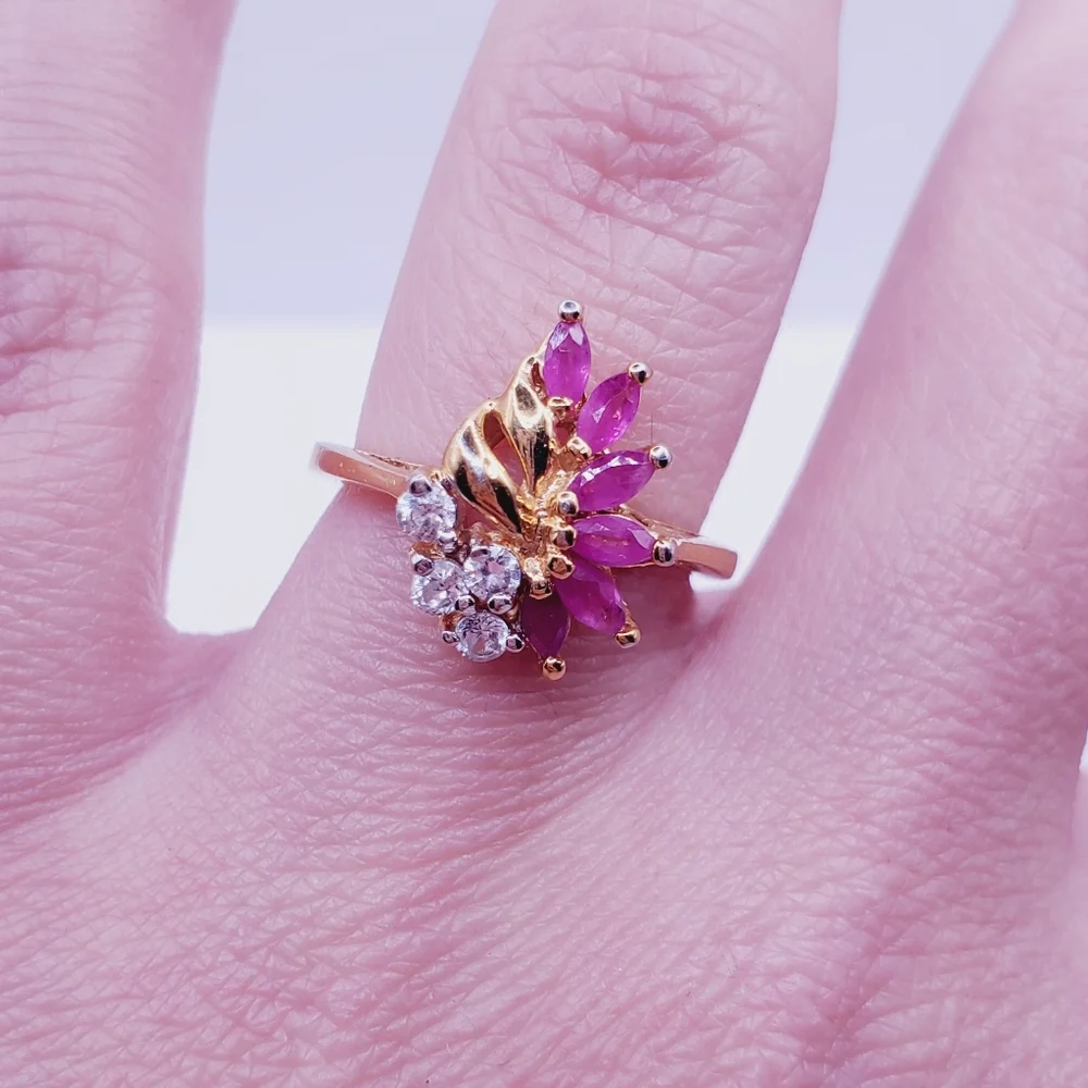Genuine Marquise Pink Ruby - Simulated Diamonds - 18k Yellow Gold Plated Ring